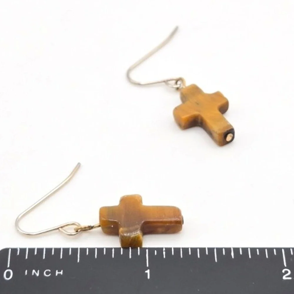 Handmade Tiger Eye Stone Cross Dangle Earrings Natural Gemstone Boho Silver Tone